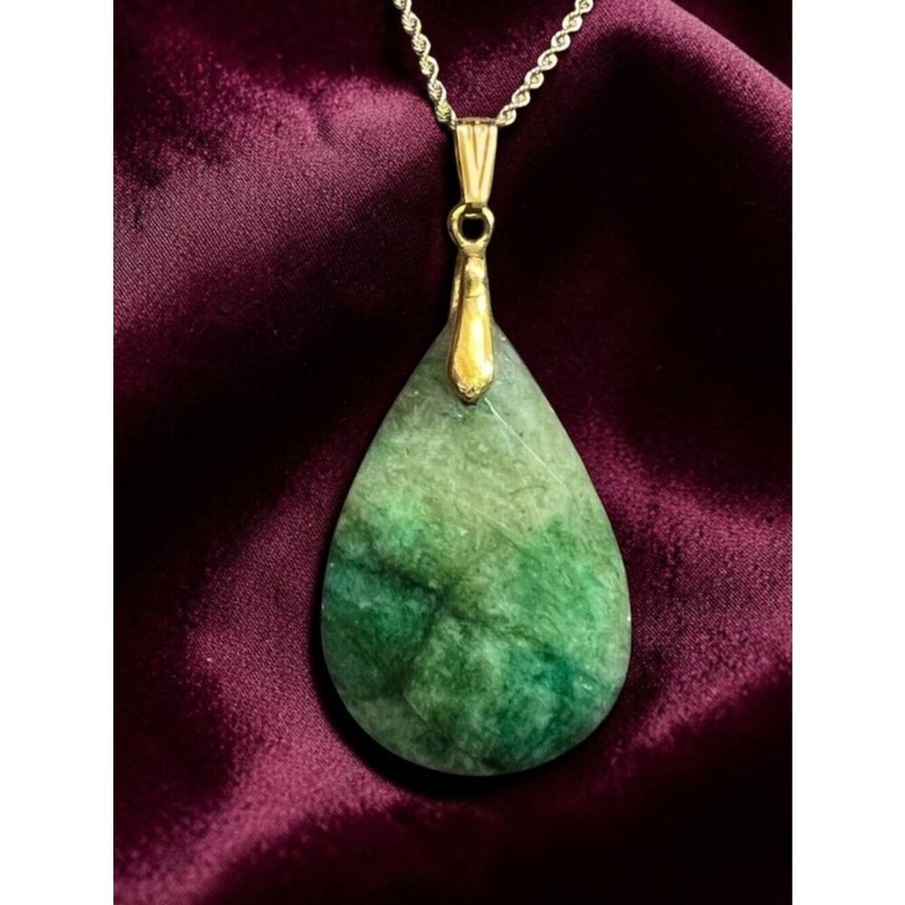 14K Gold Emerald Necklace 20" 10K Gold Rope Chain Large Natural African Emerald
